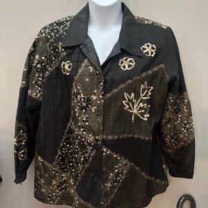 Black and Gold Sequin Embellished Patchwork Indigo Moon Vtg Womens Jacket Floral